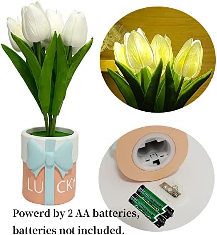 Yunbiaoce את הצבעונים המלאכותיים הלבנים פרחים בסיר קרמיקה עם אור LED אור שולחן דקורטיבי מנורת אווירה