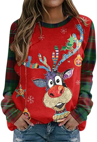 סוודר חג מולד מכוער לנשים מצחיק איילים חמודים הדפסים דביקים דביקים על סווטשירטים חג המולד דו-גוונים