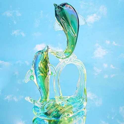 Xinkulas זכוכית אמנות דולפין פסלון יד מפוצצת חיים ימיים - שני דולפינים שקופצים מהים