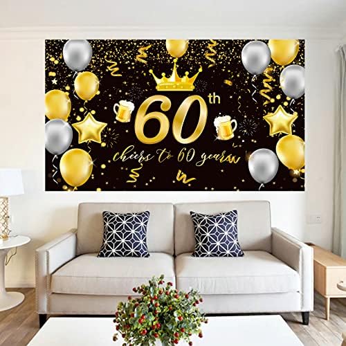 מוקוסמי 60 יום הולדת רקע באנר מסיבת קישוט, גדול במיוחד שחור זהב יום הולדת שמח סימן פוסטר צילום רקע מסיבת