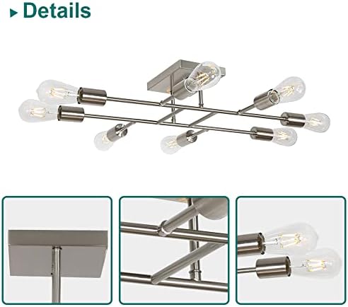 8 אורות חצי סומק הר תקרת אור קבועה, מוברש ניקל עם דואר 26 בסיס מודרני ספוטניק נברשת חווה תקרת תאורה
