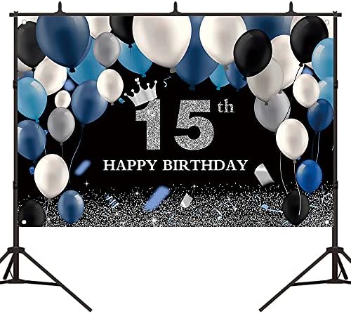בלימס שחור וכסף 15 יום הולדת רקע חיל הים כחול ולבן בלוני כתר 15 מסיבת יום הולדת קישוטי חמש עשרה באנר
