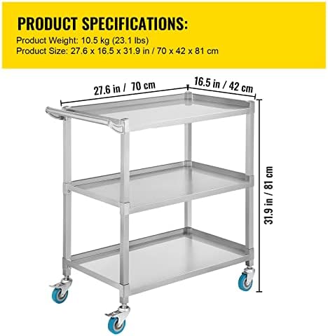 עגלת שירות מעבדה, עגלת מעבדה מתגלגלת בקיבולת משקל של 500 פאונד, 3 מדפים עגלת מרפאה ניידת, עגלת מעבדה