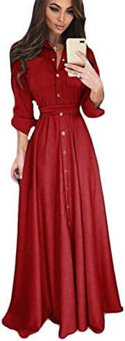 Andongnywell צבע אחיד של נשים דקיקות עם שרוולים ארוכי שרודים מכופתרים שמלות שרוך שמלות אורך כפתור דש