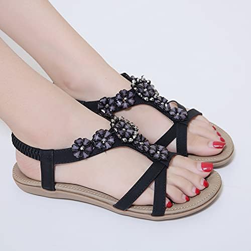 נעלי סנדלי חרוזים בוהמיות של נשים קיץ נוחות פלטפורמת חוף סנדלים שטוחים נעלי יהלום פרחוניות