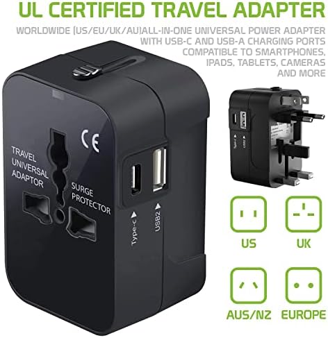 Travel USB פלוס מתאם כוח בינלאומי התואם ל- Blu Grand XL עבור כוח עולמי לשלושה מכשירים USB Typec, USB-A