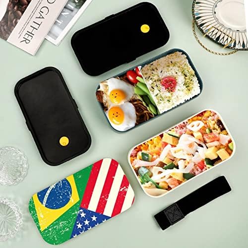 מיכל ארוחת צהריים דגל אמריקאי וברזיל 2 קופסא מודרנית הניתנת לגיבוב עם מזלג וכפית לארוחות פיקניק בבית