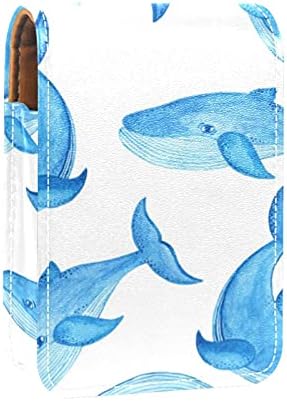 כחול לווייתן קריקטורה דפוס קטן שפתון מקרה עם מראה עבור ארנק, עמיד עור קוסמטי איפור מחזיק, נייד נסיעות