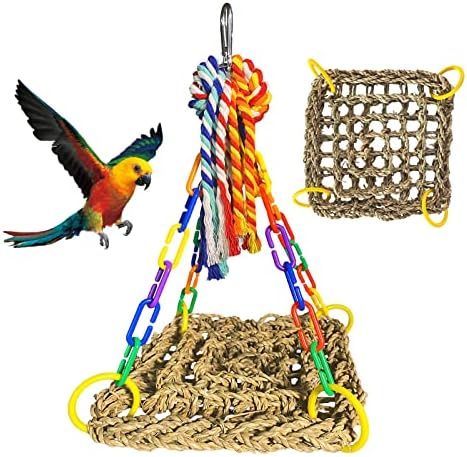 צעצוע של כלוב ציפורים של ציפור, עשב ים ארוג מטפס על ערסל מחצלת נדנדה עם צעצועים לחבלים צבעוניים, חליפה