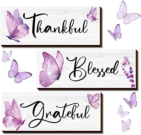 3 חתיכות פרפר סגול אסיר תודה על תודה מבורכת שלטי עץ מבורכים פרחים עיצוב קיר עץ מעורר השראה פרפר קיר