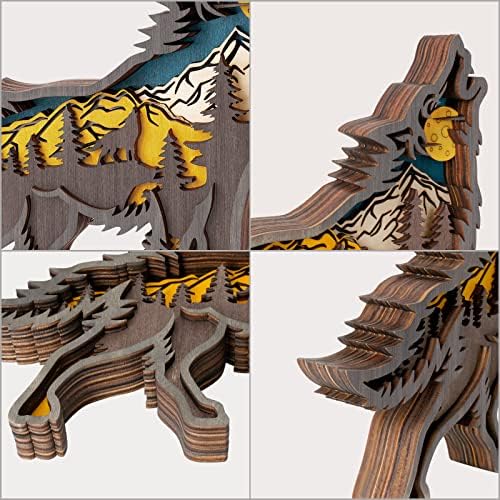 חיות יער עיצוב זאב מעץ, פסלוני זאב ופסלים, עיצוב שולחן זאב מיילל עם רב שכבתי חלול, פסל עץ זאב עיצוב