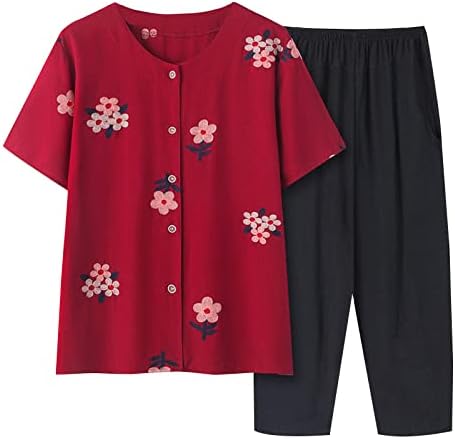 סטים קיץ נשים 2 תלבושות של 2 חלקים בתוספת חולצת טריקו של שרוול קצר מזדמן ומכנסיים מכנסיים קשישים נשים