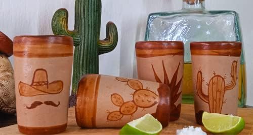 מקסטקיל-כוסות שוט טקילה-סט של 4 כוסות שוט מקסיקניות מטרקוטה-2 אונקיות-חימר טבעי וצבעוני-בארו קנלו וקפולינאדו-צבוע