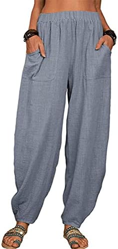 מכנסי פשתן כותנה של אוטקוקו מכנסיים מכנסיים מכנסיים מותניים גבוהים מכנסיים עם כיסים עם כיסים