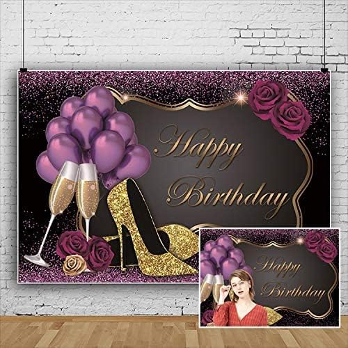 רוז גליטר נצנצים יום הולדת שמח, Yeele 10x8ft מתוק בלונים סגולים זהב נצנצים עקבים גבוהים שמפניה יום הולדת