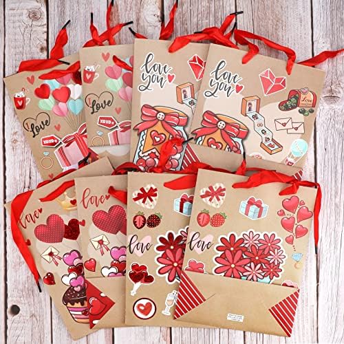 8 חתיכות שקיות מתנת נייר ליום האהבה עם ידיות, שקיות נייר קראפט עם לב אדום אהבה פינוק שקיות טובות למסיבת