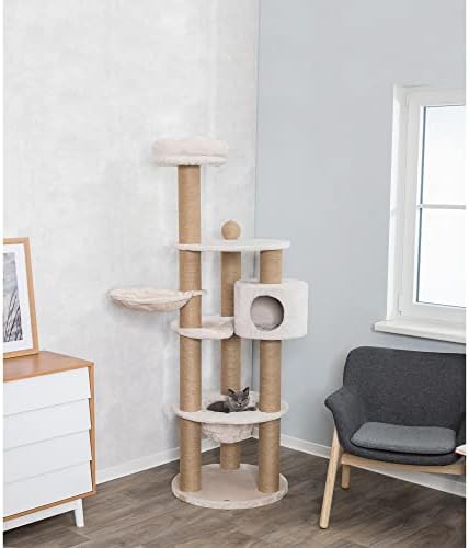 טריקסי נייג ' לה חתול מגדל עם סיסל מגרד הודעות, דירה, שלוש פלטפורמות, שני ערסלים, אור אפור / גרייג