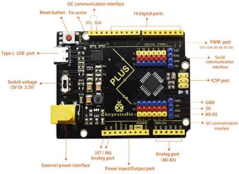 לוח keyestudio פלוס עבור Arduino Uno R3 עם כבל USB מסוג C, 3.3V 5V 1.5A זרם פלט, לוח בקר חזק יותר