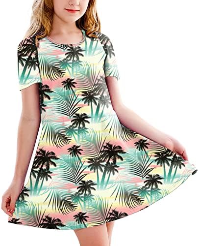 ילדה קיץ שמלה קצר שרוול טרופי פרחוני נדנדה שמלות יולי 4 חולצת טי שמלה קיצית 5-14 שנים