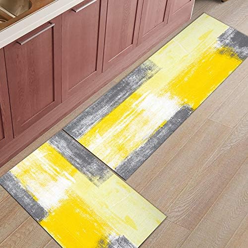 שטיחי מטבח צהובים של Libaoge סט של 2 מחצלת כיור מטבח מודרני של אמנות צהובה ואפורה, שטיח רץ לא-החלקה,