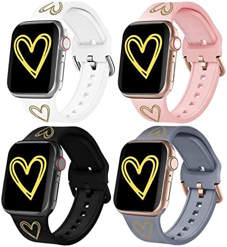 להקות SWUU 4 פאק תואמות את Apple Watch 38 ממ 40 ממ 41 ממ לגברים נשים, סיליקון רך עם זהב אהבה דפוס לב
