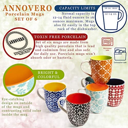 ספלי קפה של Annovero, סט של 6 ספלי חרסינה חמודים מודרניים חמודים/כוסות עם ידית גדולה, לנשים או לגברים,