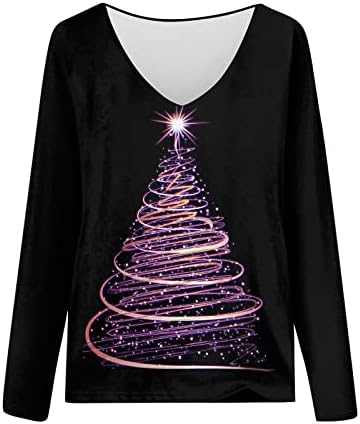 חולצות חג מולד של נוקמופו לנשים אופנה מזדמנת הדפס חג המולד שרוול ארוך שרוול V סוודר מותניים סתיו סתיו