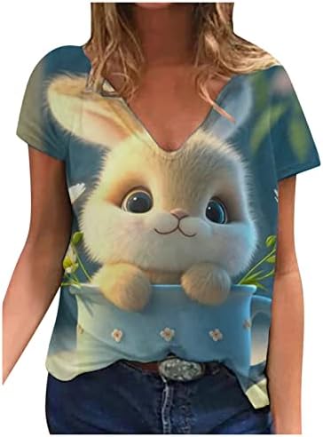 Blusa Con Estampado de Pascua 2023 Camisetas de Manga Corta Con Cuello en V Camisetas de Verano Holgadas