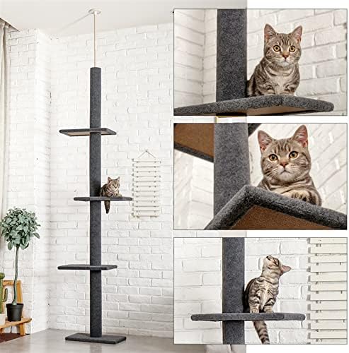 שלוש קומות רצפה לתקרה חתול עץ חתול טיפוס עץ 9 רגליים אפור, מתאים לכל סוגים של חתולים לנוח, שינה ופעילות