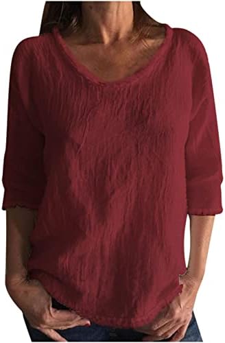כותנה פשתן חולצות לנשים 3/4 שרוול מוצק צבע מזדמן חולצה רופף צווארון עגול קומפי בסיסי טוניקת טיז חולצות