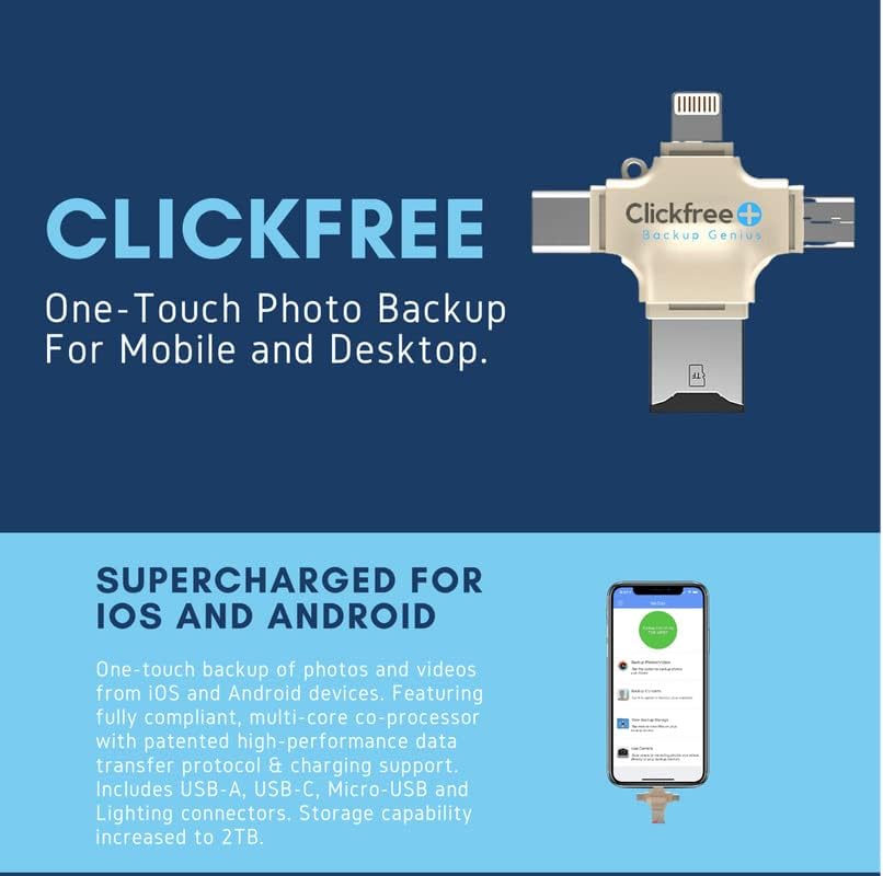 ClickFree ™ 64GB תמונות USB שומר וידאו לטלפון/PAD/Mac/PC, מהירות גבוהה 4-1-1 טלפון אוניברסלי טלפון פלאש
