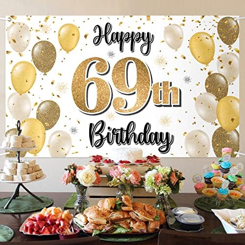 לאסקייר יום הולדת שמח 69 באנר גדול-לחיים ליום הולדת בן 69 רקע צילום קיר ביתי, קישוטים למסיבת יום הולדת