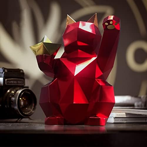Lucky Cat 3d נייר דגם גיאומטרי אוריגמי פאזל Diy קישוט ביתי גביע נייר יצירתי פסל נייר בעבודת יד, אדום