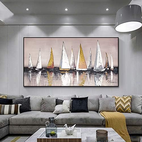 ציור שמן מצויר ביד מודרני מופשט סירת מפרש עיצוב קיר תמונה לסלון חדר שינה משרדי מסדרון מלון וחדר