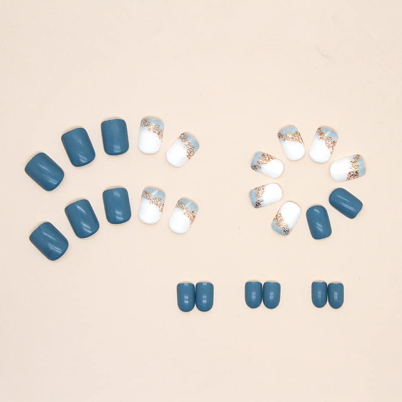 לחץ על ציפורניים קצר אקריליק מזויף ציפורניים כחול כיכר שווא ציפורניים עירום מלאכותי מקל על ציפורניים