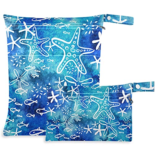 Visesunny Starfish דפוס ים כחול 2 יחידים שקית רטובה עם כיסים עם רוכסן תיק חיתולים מרווח לשימוש חוזר