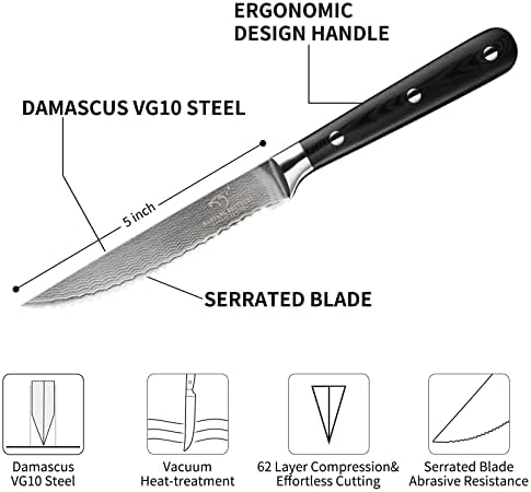 דמשק סטייק סכין סט של 6 עם מקרה, 5 אינץ משונן סטייק סכין, 67 שכבות פלדת להבי יד-חידד כדי 15 אורך, החלקה