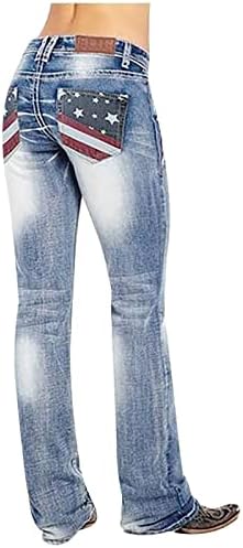 נשים ג 'ינס מכנסיים אופנה עצמאות יום מודפס כיס דק מתאים אמצע מותניים ג' ינס מכנסיים באורך מלא מכנסיים