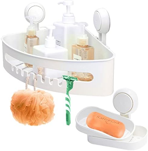 סוואמטיק פינת מקלחת קאדי עם צלחת סבון כוס יניקה מדף מקלחת למקלחת קיר פינת קדי ללא קידוח מחזיק סבון למקלחת