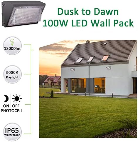 SZGMJIA 100W חבילת קיר LED עם Dusk to Dawn Photocell, 5000K אור יום, 13000lm, 400 וואט HPS/HID החלפה