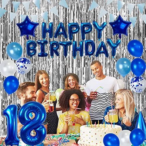 קישוטים למסיבות יום הולדת 18, בלוני יום הולדת 18 מאושרים, כחול כהה 18 קישוטים ליום הולדת לבנים ולגברים,