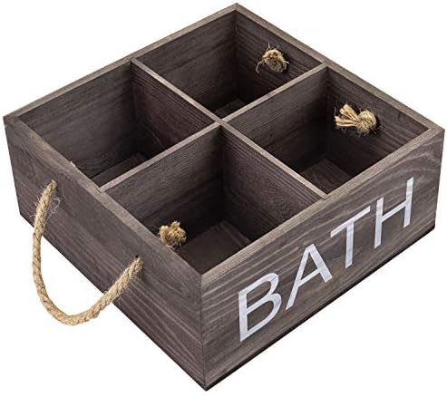 מארגן אמבטיה של MyGift 4 כוסות פח, 4-תאים כפרי אטום עץ חום כהה אמבטיה אחסון אחסון עם ידיות חבלים
