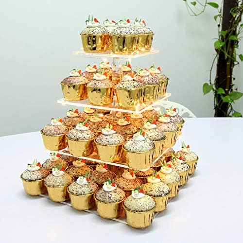 Vdomus 4 Tier Cupcake Stand Stand Stand עם אורות מיתרים LED קינוח עוגת עוגת עוגת עוגת עוגת יום הולדת