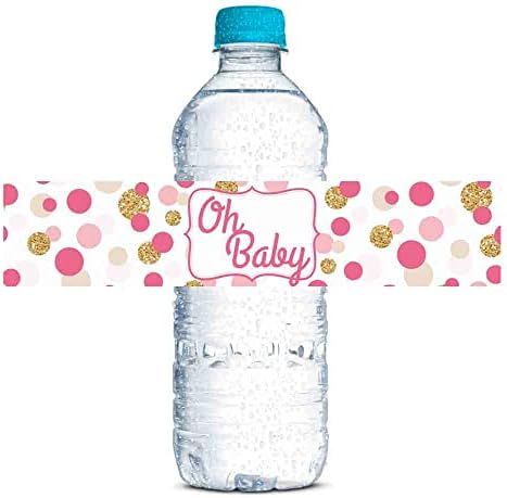 פולקה דוט ורוד וזהב ילדה תינוק מקלחת עמיד למים מים בקבוק מדבקת עטיפות 20 לעטוף סביב תוויות בגודל 1.75&