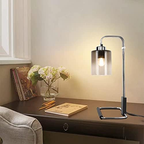 מנורת שולחן תעשייתית של DLLT, מתכת מלבד מנורות קריאה עם אפרת זכוכית אפורה של שיפוע, אור שולחן שישי וינטג