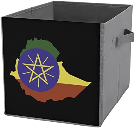דגל אתיופיה מפת עור PU עור אחסון מתקפל פחי קוביית קוביית קובייה סל עם ידיות עם ידיות
