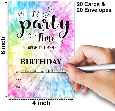Lefohlon Tie Dye הזמנות למסיבת יום הולדת, זה זמן המסיבה, 20 כרטיסי הזמנה עם מעטפות, הזמנות למסיבת יום