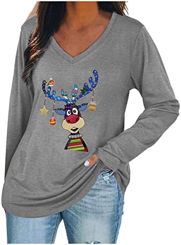 חולצות חג מולד לנשים מצחיקות איילים חמודים טוניקה טוניקה צוואר V צוואר שרוול ארוך חולצת טשט