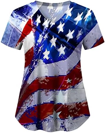 4 ביולי חולצות לנשים דגל ארה ב קיץ שרוול קצר חולצת צווארון עם 2 כיסים חולצה למעלה בגדי עבודה מזדמנים