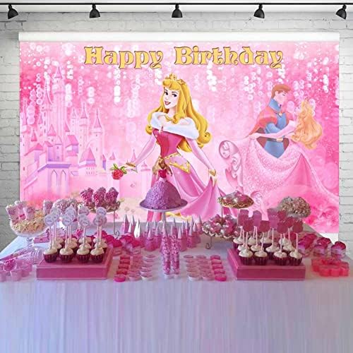 נסיכת אורורה ונסיך רקע שינה יופי מסיבת יום הולדת רקע גליטר ורוד טירה באנר עבור עוגת שולחן משתלת קישוטי